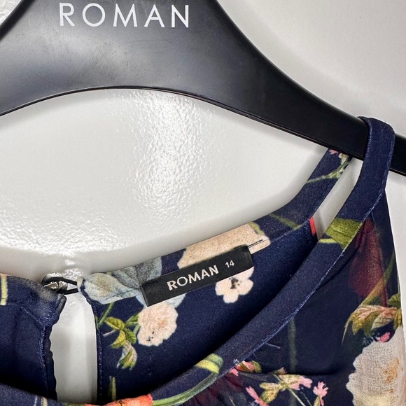 Roman, Navy Floral Chiffon Overlay Dress, Size 14 - Picture 10 of 15